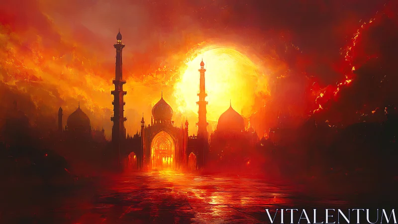 Silhouetted domed complex stands before an oversized sun