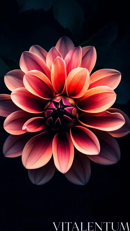 Rendered dahlia specimen with luminous petal gradients on dark background