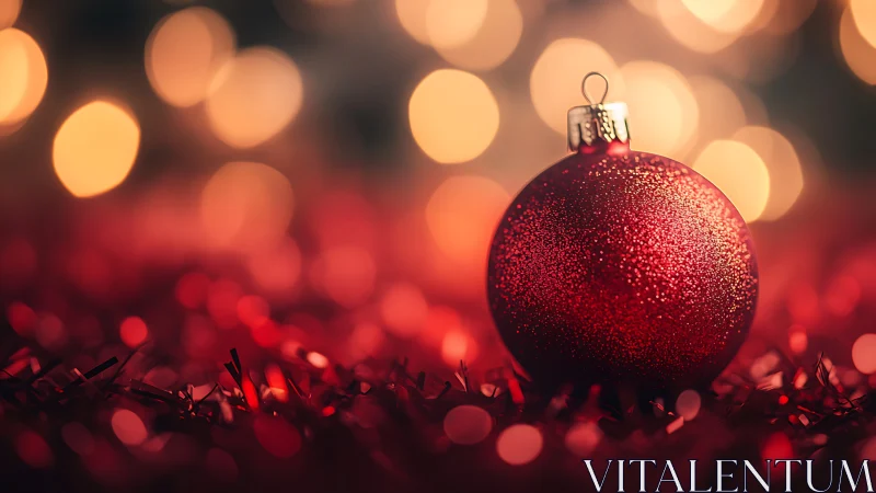 Red glitter bauble on tinsel with warm festive bokeh glow.