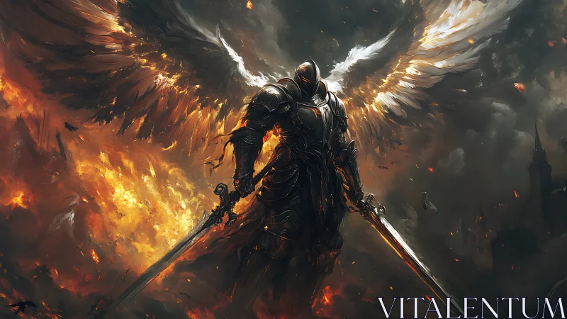 Armored angelic warrior stands amid blazing apocalyptic skies