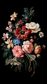 Baroque Floral Arrangement with Mixed Blooms on Black.