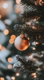 Single ornament hangs from snow-dusted evergreen branch