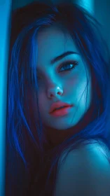 Neon-tide gaze of a midnight muse in electric blue hush.