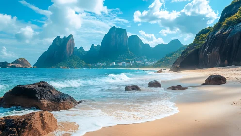 Tropical Coastal Paradise: Dramatic Cliffs Frame Golden Beach.