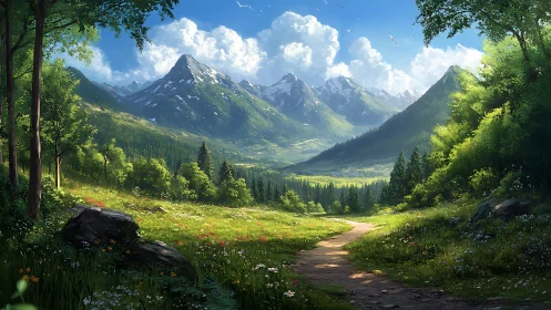 Sunlit alpine valley with wildflower meadow and peaks.