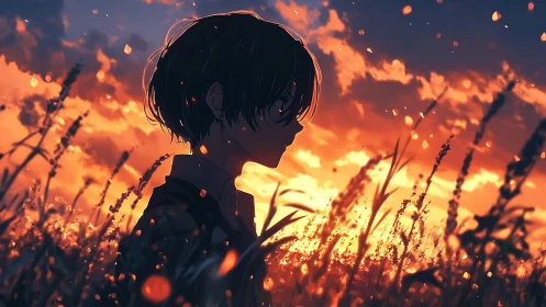 Quiet sunset wanderer in glowing golden wildflower field.