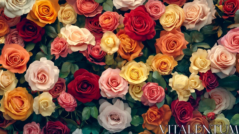 Densely Packed Hybrid Rose Composition With Chromatic Gradient Transitions.