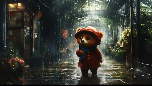 Cute teddy bear in red raincoat walking through rainy alley.
