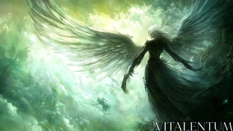 Mystic winged guardian rising through glowing stormlight.