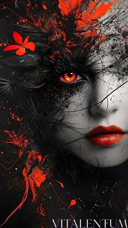 Monochrome female visage fractured by red splatter dynamics