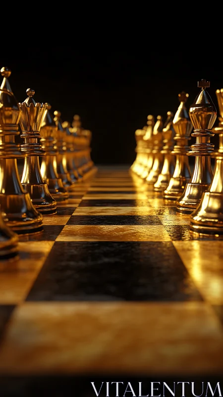 Golden chess army waits warmly on a glowing game board
