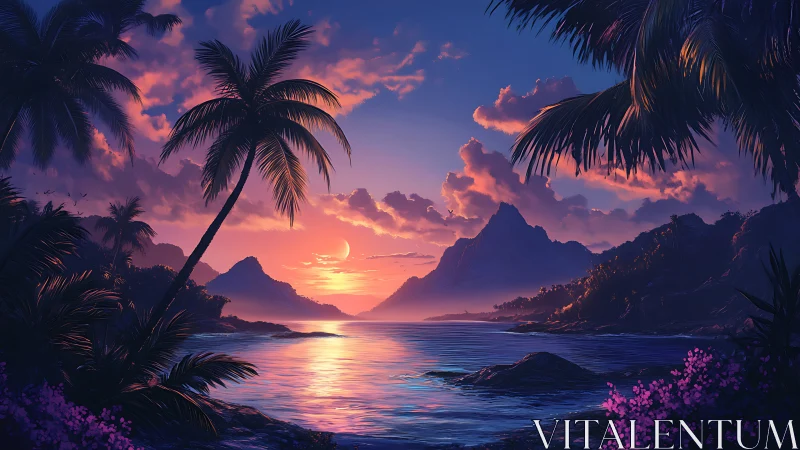 Dreamy tropical sunset cove wrapped in soft twilight glow.