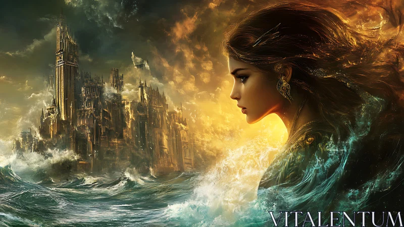 Stormlit sea sorceress confronts collapsing gothic ocean citadel