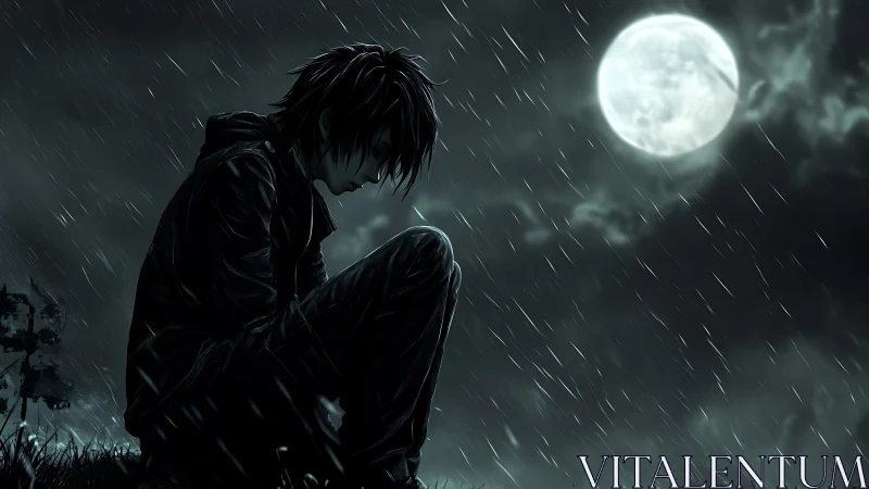 Brooding boy under cold moonlit stormy night rain.
