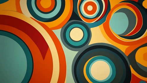 Concentric retro circles deliver bold teal and orange rhythm.