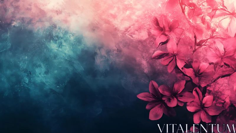 Pink Flowers Emerge From Teal Mist.