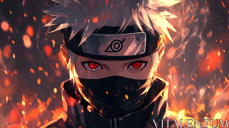 Masked anime warrior in frontal close-up amid dynamic embers