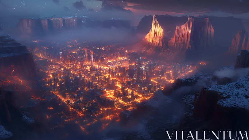 Emberlit canyon metropolis dreaming beneath frozen dusk.