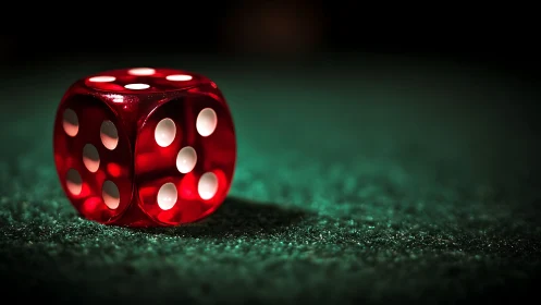 Translucent red casino die on green felt under spot lighting.