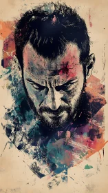 Intense male portrait amid chaotic abstract splashes.