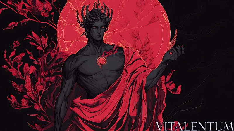 Midnight deity wrapped in crimson lunar blossoms.