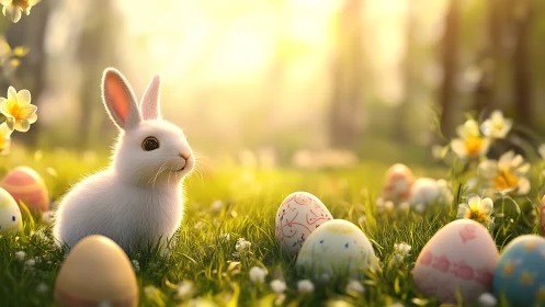 White rabbit sits among Easter eggs in glowing spring meadow