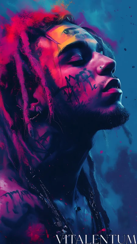 Side profile portrait shows neon-lit man with closed eyes