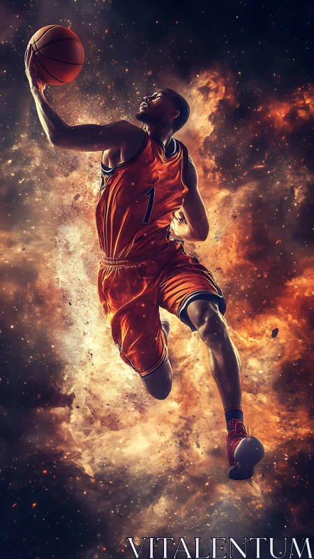 Dynamic basketball dunker in fiery nebula-style explosion backdrop.