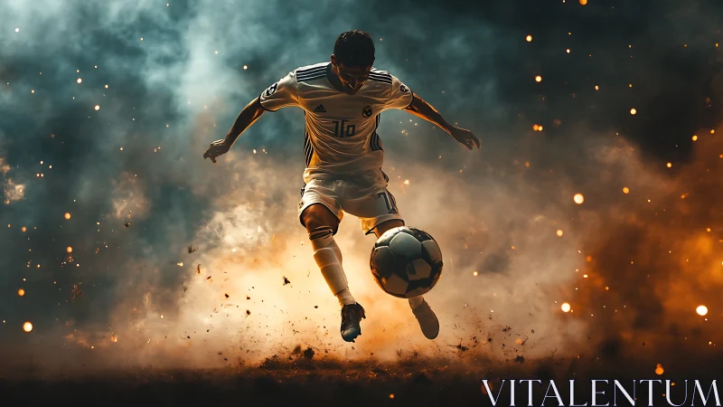 Soccer striker drives ball through explosive smoky arena.