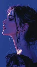 Moonlit profile of a dreamlit girl wrapped in violet hush.