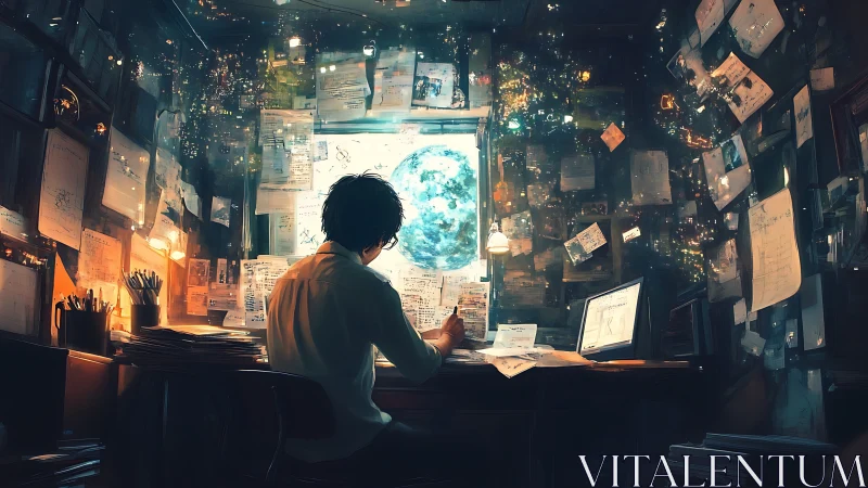 Solitary researcher at cluttered desk facing luminous earth window.