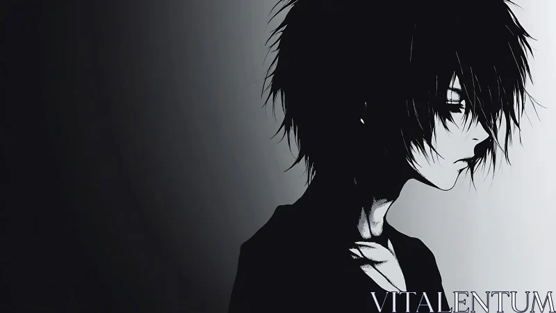 Melancholic anime profile bathed in stark monochrome light.