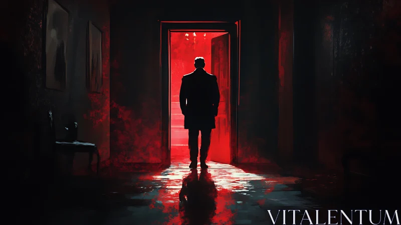 Lone figure in red lit doorway within dark corridor.