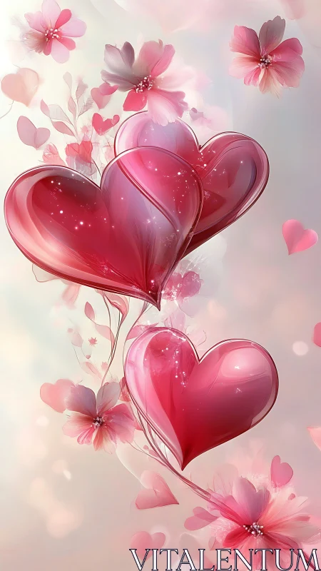 Glossy heart forms with floral composition in pink gradient palette.