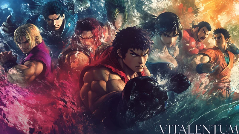 Martial artists lineup in dynamic digital illustration.