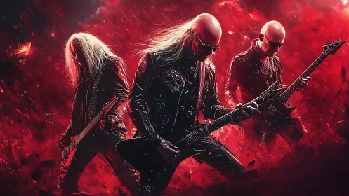 Metal guitarists shred in blazing red inferno of sound and light.
