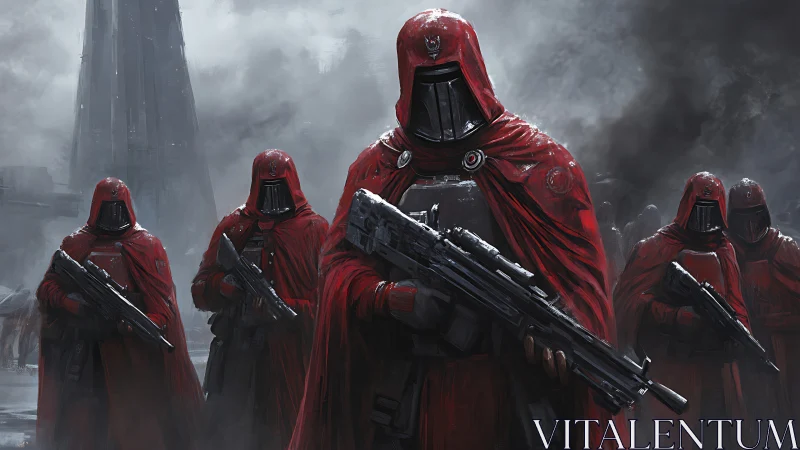 Crimson guardians march through war fog on a steel world.