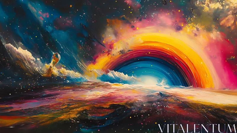 Cosmic surfboard carves a neon rainbow tunnel through night