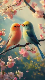 Two Songbirds Share Intimate Moment Amidst Blooming Cherry Blossoms