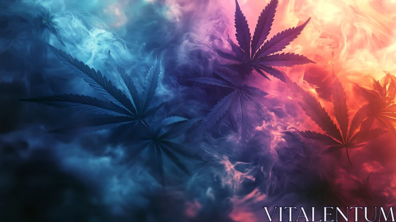 Smoke-drenched cannabis leaves drift through neon twilight haze