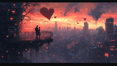 Urban landscape with two figures on elevated platform overlooking cityscape