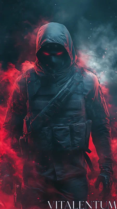 Shadowed rogue in crimson mist, cloaked in neon mystery.