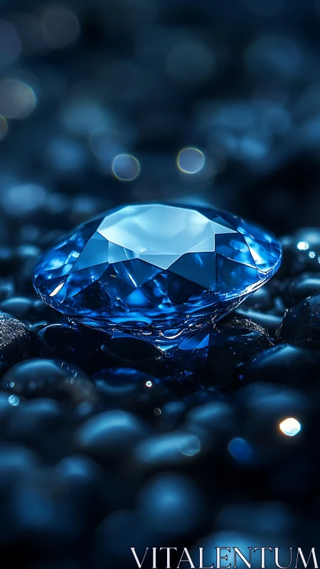 Photorealistic blue gemstone on wet pebble surface, bokeh field.