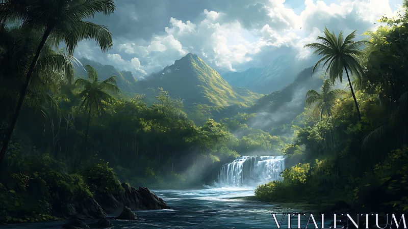 Sunlit jungle waterfall inviting you into lush green calm.