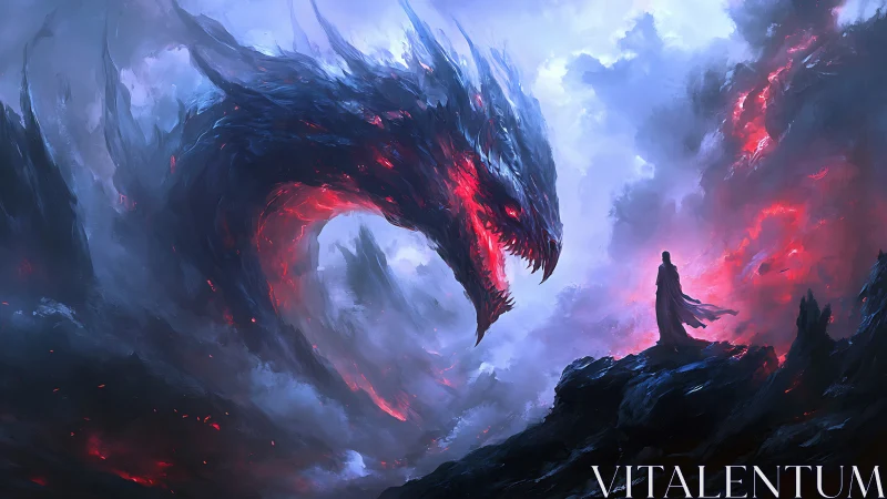 Dragon-shaped storm mass confronts lone cloaked figure