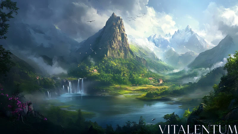 Sunlit mountain valley with misty waterfalls and quiet lake.