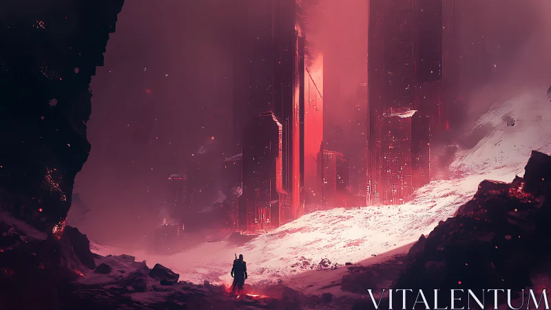 Wanderer in crimson snow before towering alien citadel.