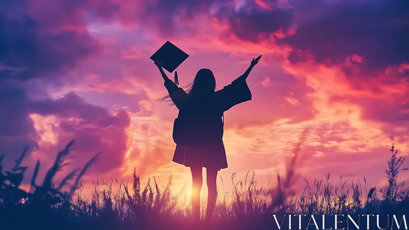 Silhouetted graduate celebrating beneath chromatic storm sky.