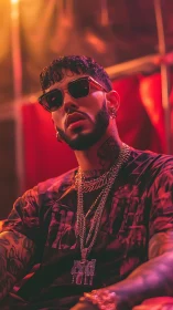 Tattooed rapper in neon studio glow, chains and shades.