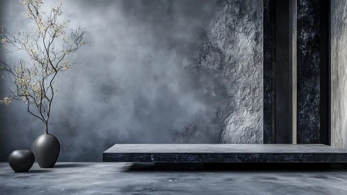 Minimalist stone podium with sculptural vases in muted light